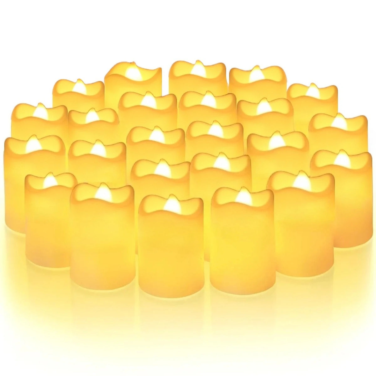 A collection of twelve glowing yellow LED tea lights with flickering flames arranged in a row.
