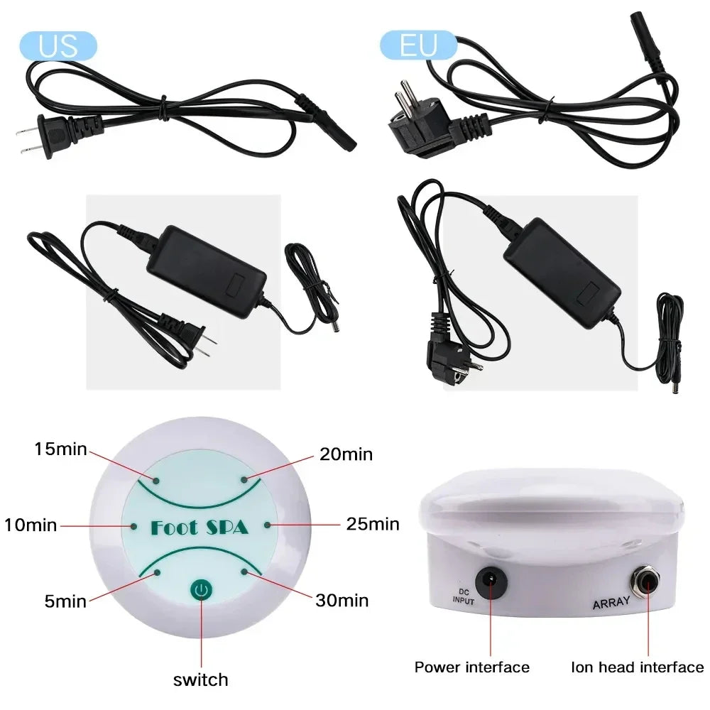 Various cables and a white foot spa device with power interface and ion head interface.