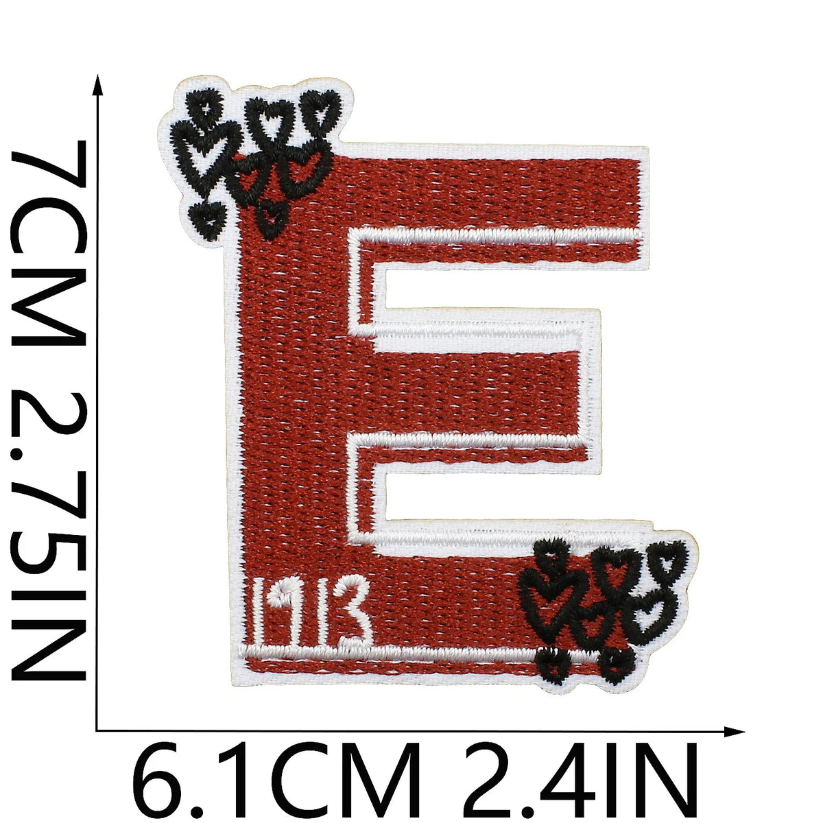Red embroidered patch of the letter E with a crown design and the number 1913