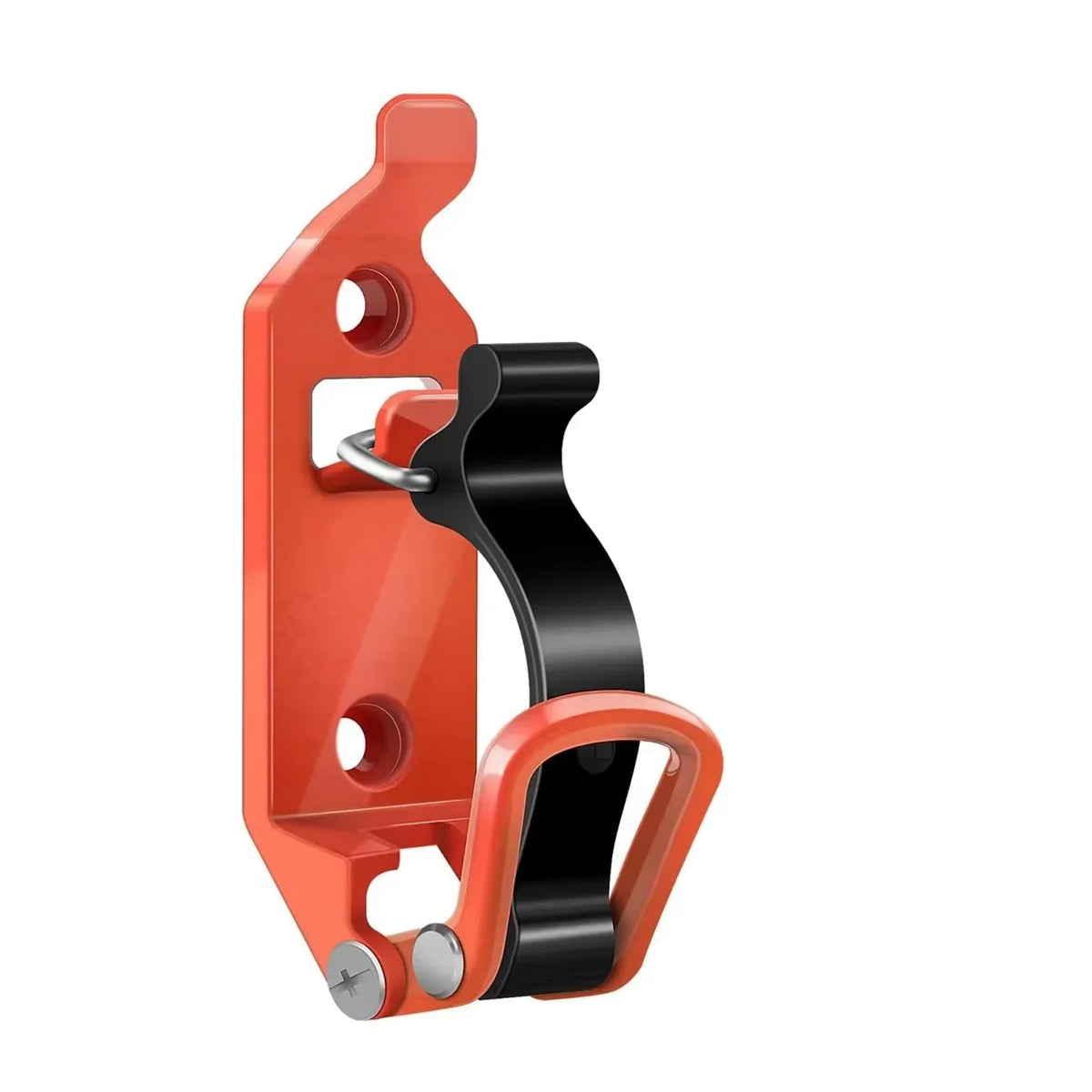 An orange heavy-duty wall mount tool holder designed for securing shovels, axes, and other tools.