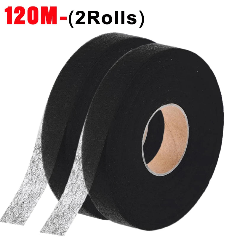 Rolls of 120M double-sided iron-on fabric adhesive tape in black packaging
