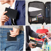 Close-up shots show a black tri-fold wallet with an ID window being held by a hand in a suit jacket and placed in a jean pock
