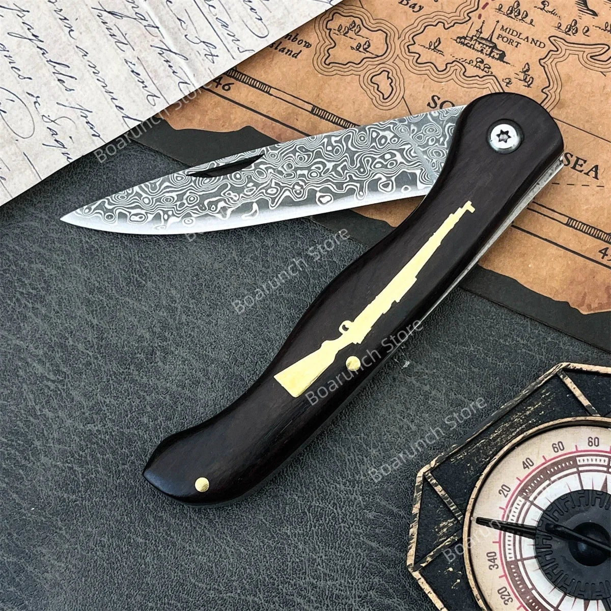 Damascus Steel Folding Pocket Knife with Ebony Handle