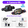 A black dash cam device with four cameras and a Bluetooth connection, showing various accessories and features.