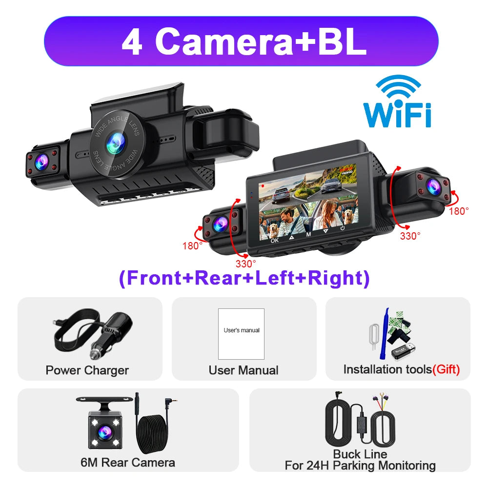 A black dash cam device with four cameras and a Bluetooth connection, showing various accessories and features.