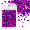 A white pouch filled with iridescent purple and pink holographic star sequins for resin crafts.