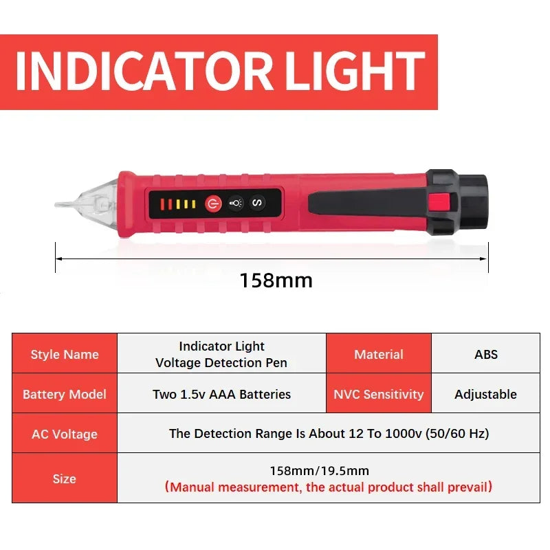 A red indicator light pen used as a non-contact AC voltage detector with an adjustable range.