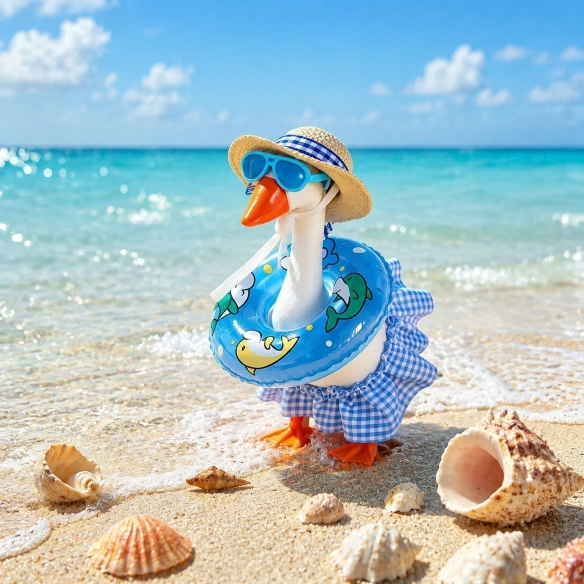 A ceramic goose wearing a blue and white summer beach outfit standing on the sand near the ocean.