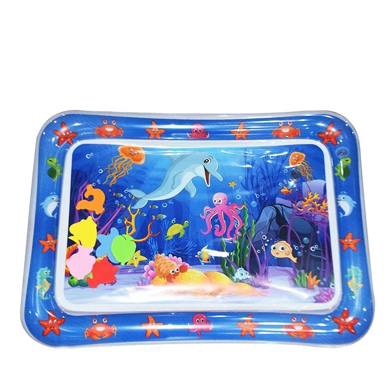 A blue inflatable water play mat filled with colorful sea creatures for baby sensory development.