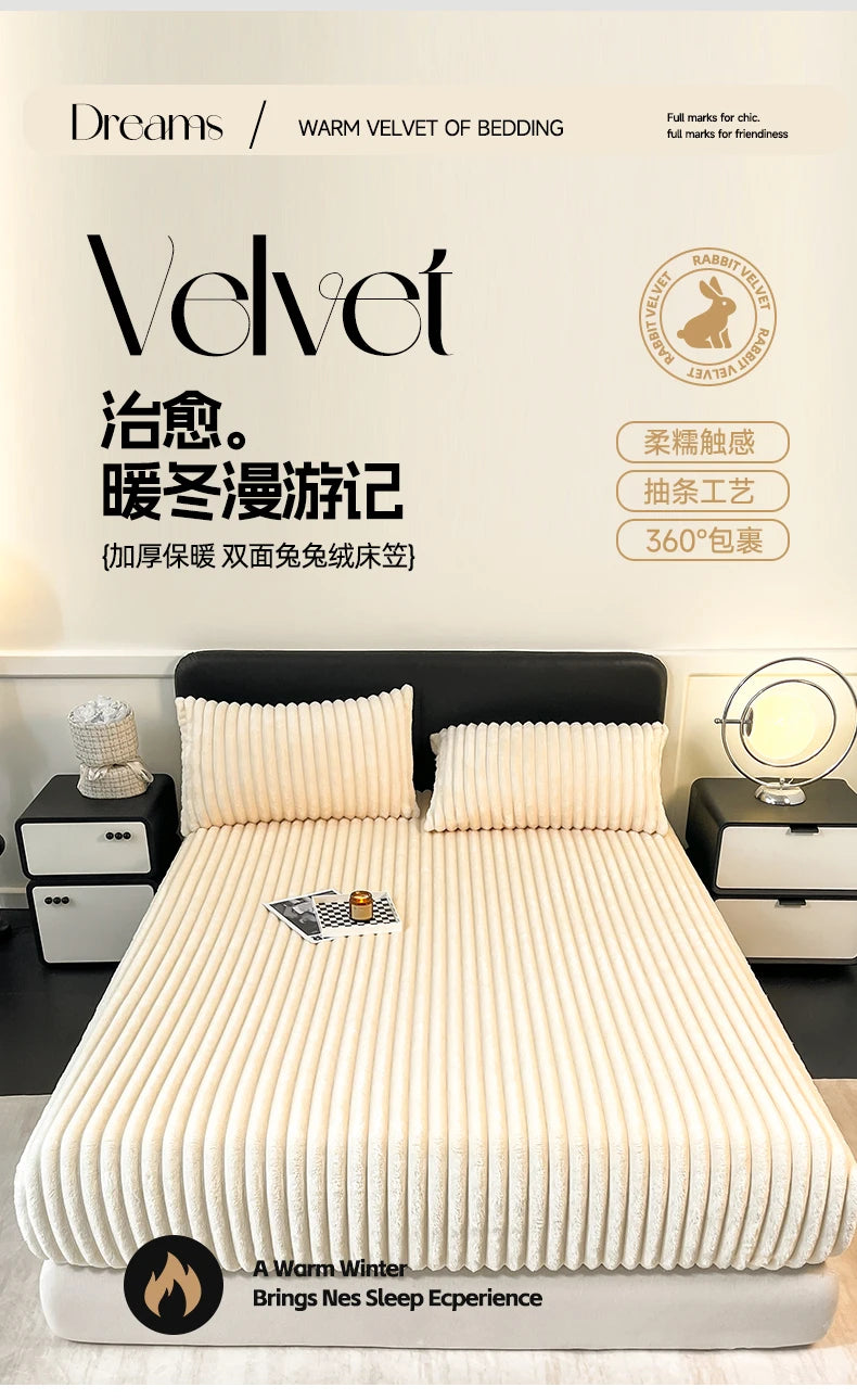 A white velvet fitted bed sheet with ribbed texture is displayed on a bed, emphasizing warmth and softness.