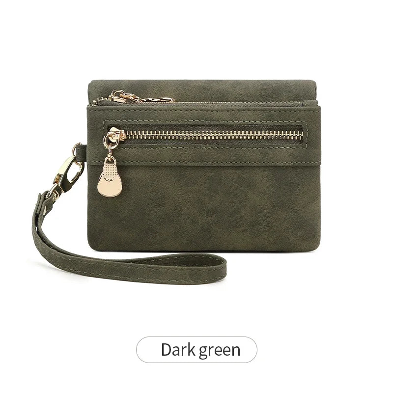 Vintage PU Leather Foldable Clutch Wallet with Wrist Strap
