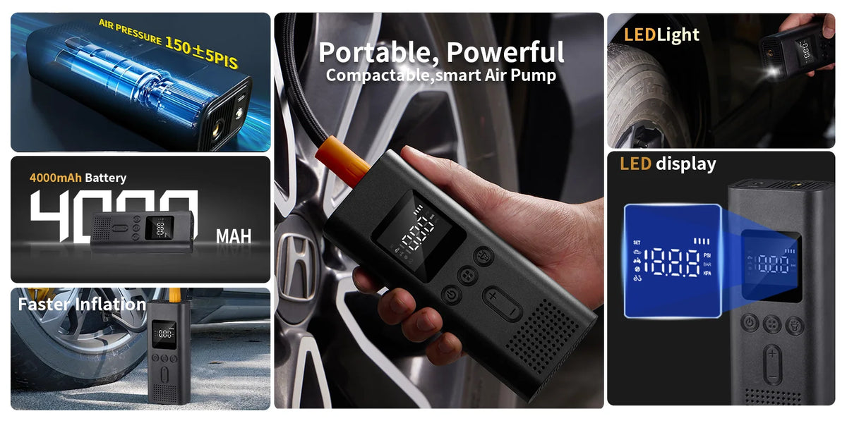 A portable, powerful digital air pump is shown being used to inflate a tire, highlighting its compact design and LED light fe