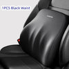 A black memory foam car headrest and lumbar support pillow placed on a dark car seat.