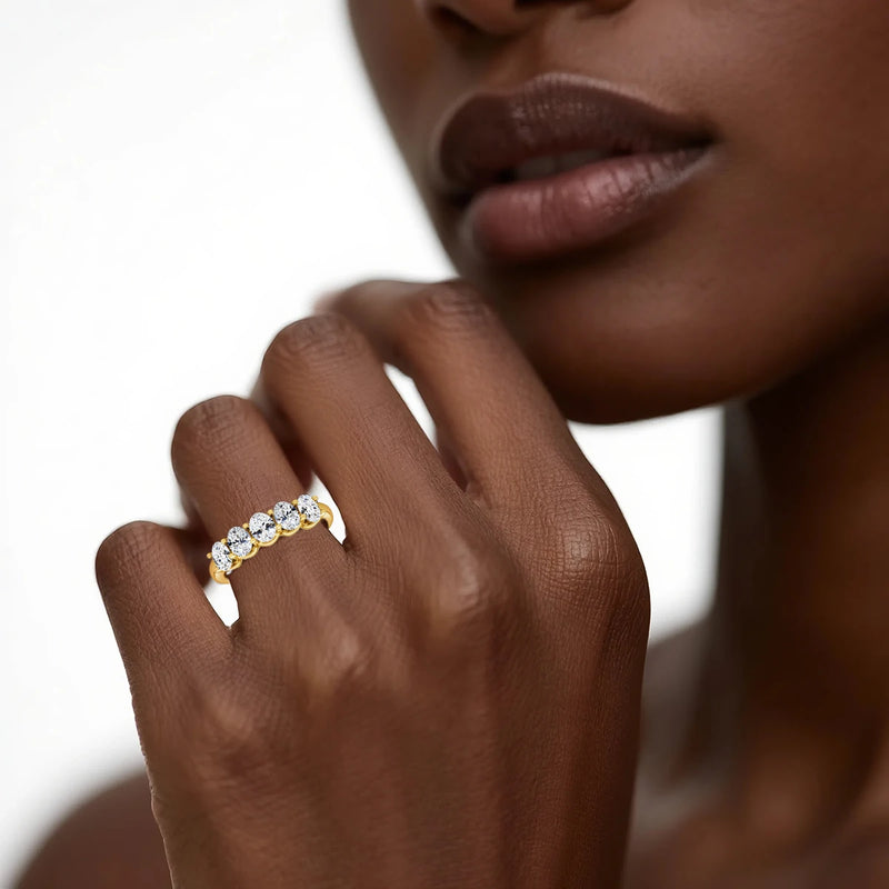 Oval Moissanite Five-Stone Ring in Solid 14K Yellow Gold