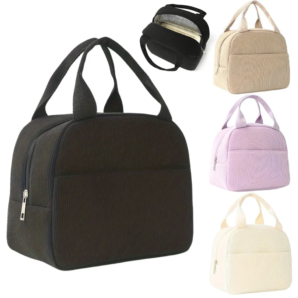 A set of dark brown and light beige embroidered corduroy insulated lunch bags for kids