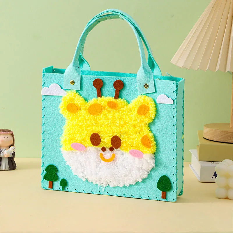A handmade felt animal bag featuring a yellow and white bear face with orange accents, set against a light green background.