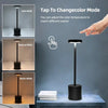 A hand adjusts the color temperature of a touch control LED table lamp, showing cold white, natural white, and warm white set