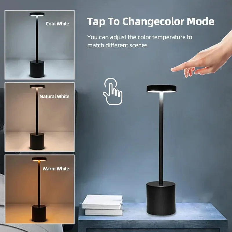 A hand adjusts the color temperature of a touch control LED table lamp, showing cold white, natural white, and warm white set