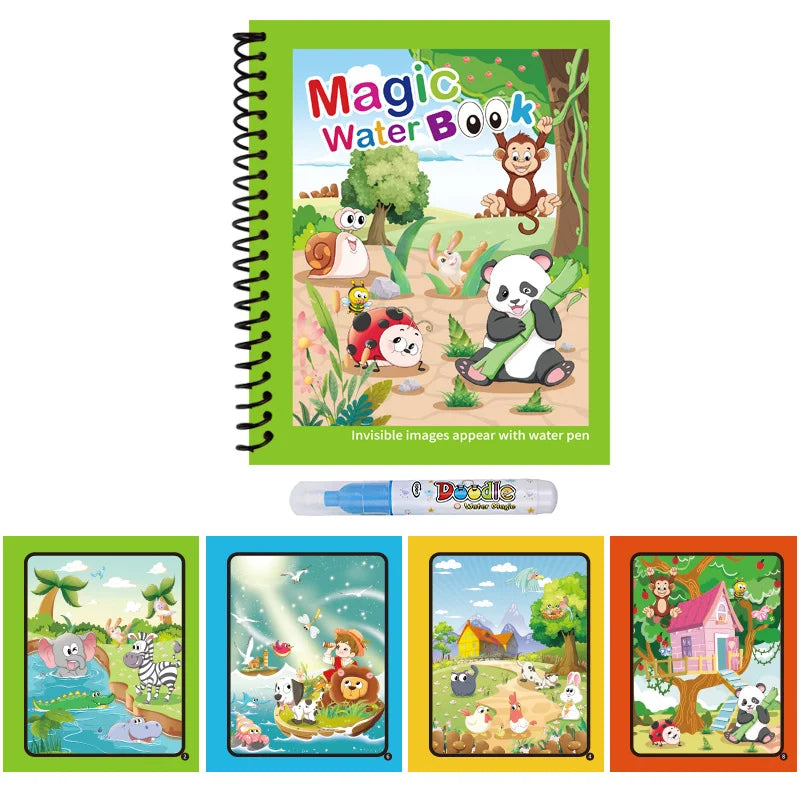 A green spiral notebook titled Magic Water Book showing illustrations of animals and plants.