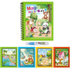 A green spiral notebook titled Magic Water Book showing illustrations of animals and plants.