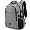 A gray laptop backpack featuring a padded back and a side pocket with a USB charging port.