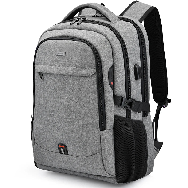A gray laptop backpack featuring a padded back and a side pocket with a USB charging port.