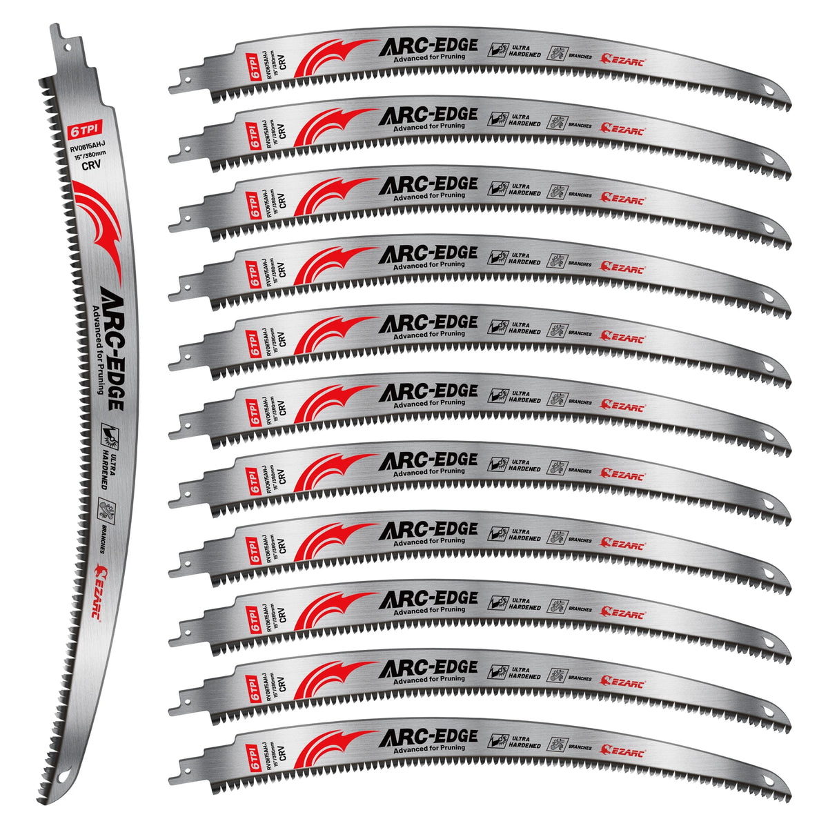 A set of 15-inch ARC-EDGE tooth reciprocating saw blades for wood pruning, featuring various blade configurations.