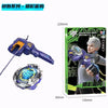 A toy figure of an Infinity Nado Spin Force Battle Top with Launcher in purple and silver colors.