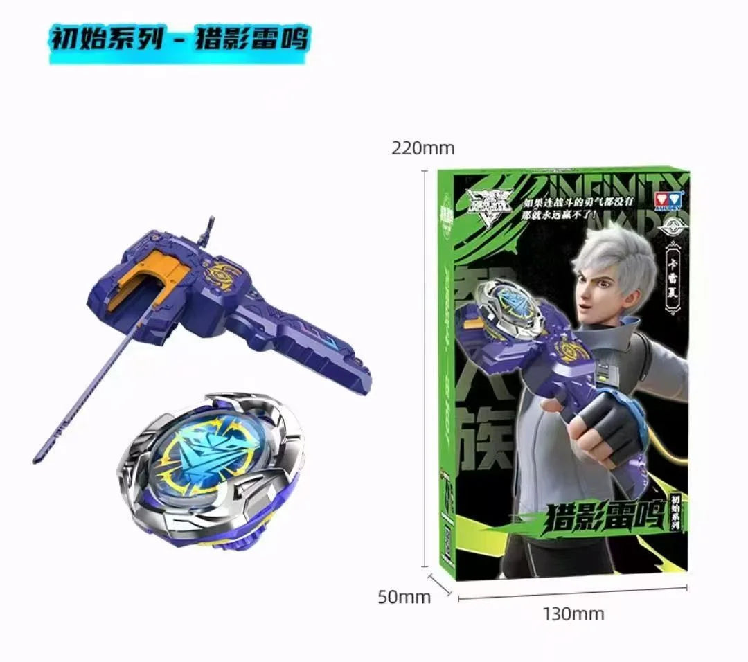 A toy figure of an Infinity Nado Spin Force Battle Top with Launcher in purple and silver colors.