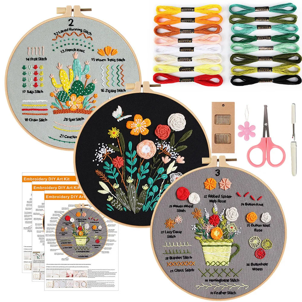 Beginner Embroidery Kit with Stamped Patterns and Tools