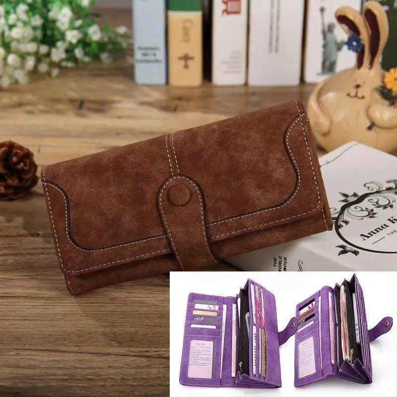 Women's RFID-Blocking Nubuck Leather Long Wallet with Multiple Card Slots