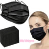 Black disposable face masks shown in various views, including a packaged box and a mask worn by a woman.
