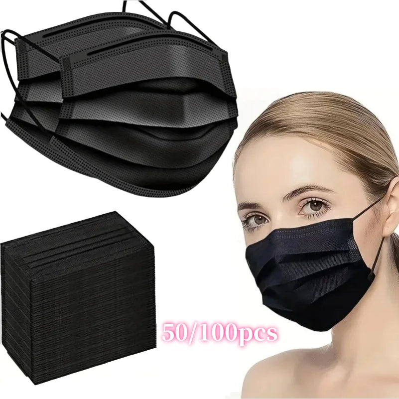 Black disposable face masks shown in various views, including a packaged box and a mask worn by a woman.