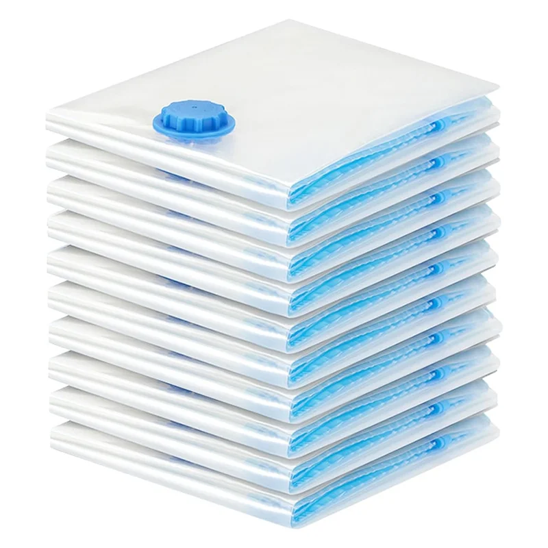 Ein Stapel wiederverwendbarer, durchsichtiger Staubsäcchesäcke für Kleidung mit einer blauen Verschlussscheibe.