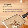 A stainless steel mesh sifter is shown scooping walnut sand from a pile of litter.