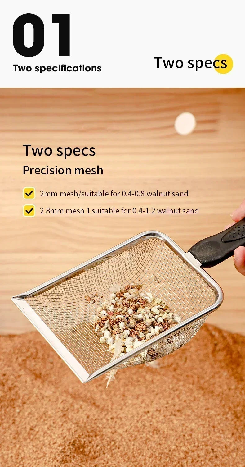 A stainless steel mesh sifter is shown scooping walnut sand from a pile of litter.