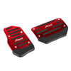 A pair of red sports pedal covers for a car, featuring black non-slip grips and visible sports pedal branding.