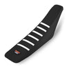 Black ribbed motorcycle seat cover with white stripes and a Power Zone logo