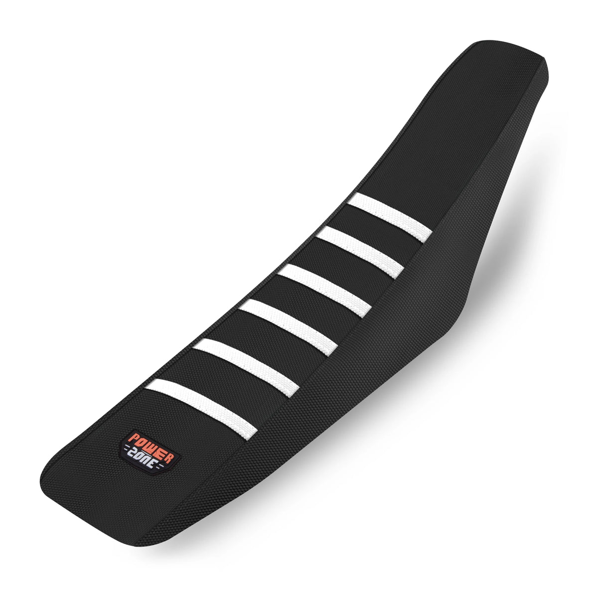 Black ribbed motorcycle seat cover with white stripes and a Power Zone logo