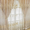 Double layer embroidered beige blackout curtain panels with sheer fabric and floral detailing