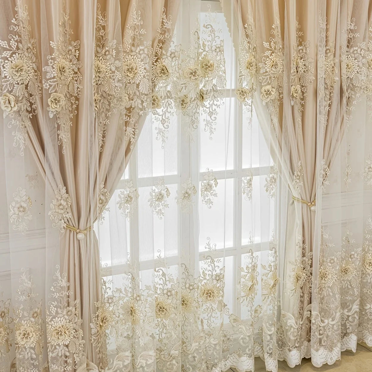 Double layer embroidered beige blackout curtain panels with sheer fabric and floral detailing