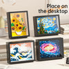 A display of four framed art pieces featuring Van Gogh and classic paintings on a white surface.