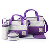 A purple and white multifunctional diaper bag set with a main bag and an accessory pouch.