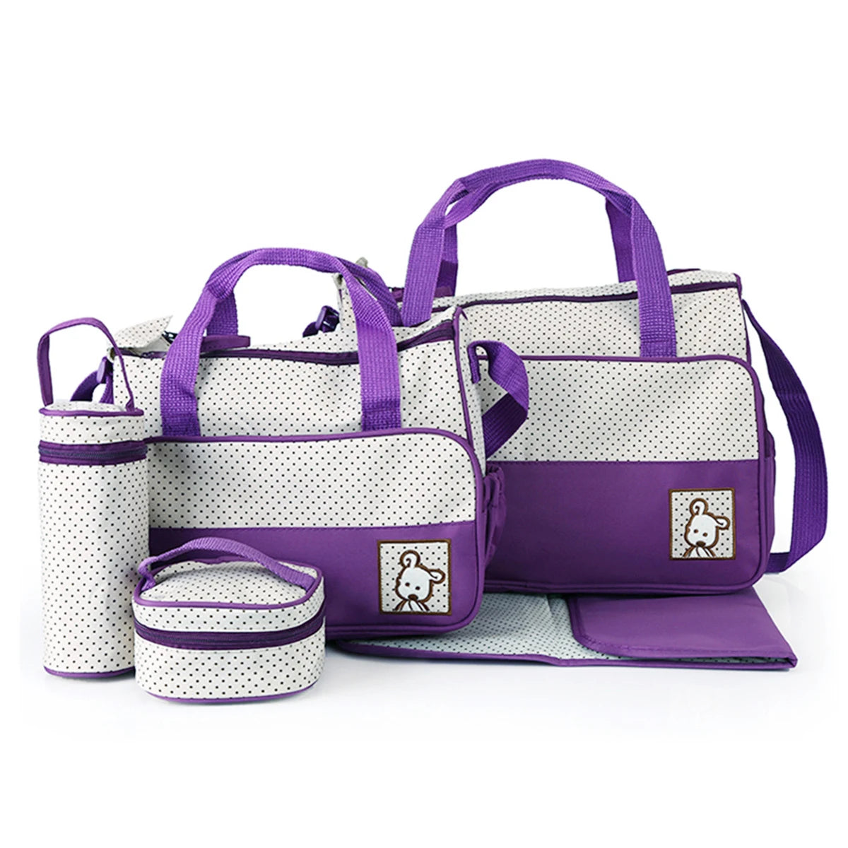 A purple and white multifunctional diaper bag set with a main bag and an accessory pouch.