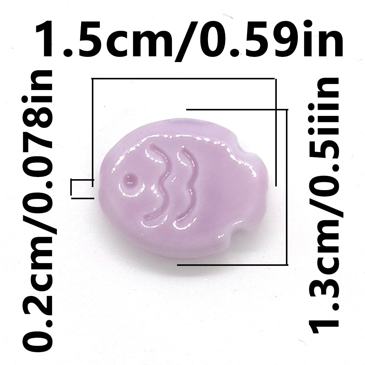 A light purple, handcrafted ceramic fish bead with a rounded body and subtle features.