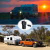 A 2-in-1 trailer plug adapter is shown with a 7-pin to 4/5-pin weatherproof connector, set against a sunset backdrop.