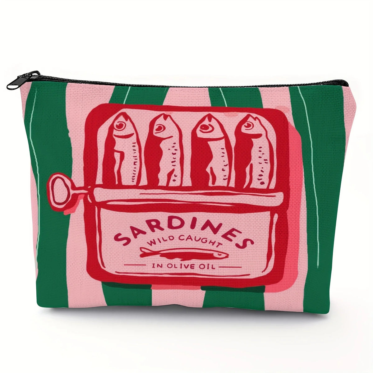 Pochette de maquillage rose au design vintage avec trois sardines à l'huile d'olive sur fond rouge.