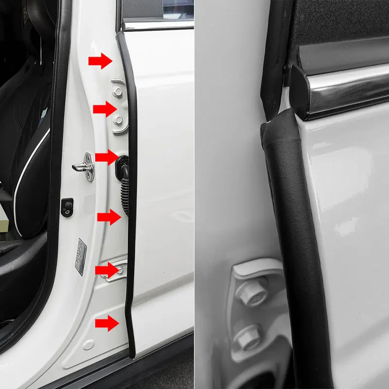 Close-up view of a white car door showing the installation and features of a universal door edge protector strip.