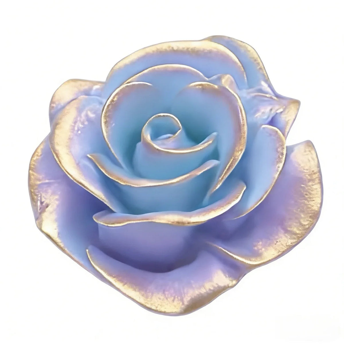 Un moule en silicone bleu clair en forme de rose avec des accents dorés.