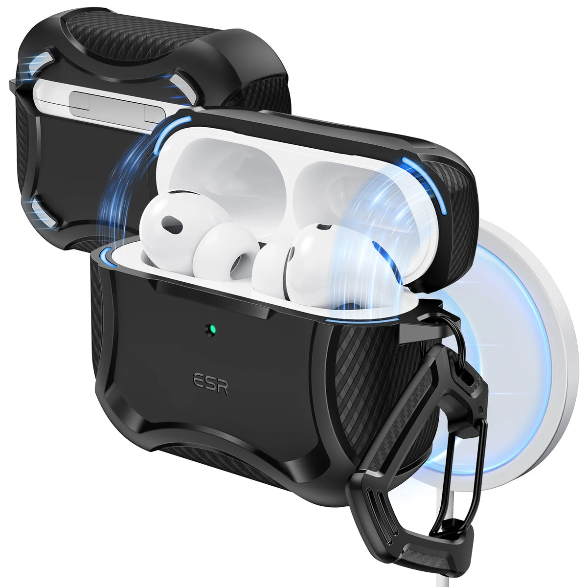 A black case for AirPods Pro 3 earbuds with a magnetic lock and protective design.